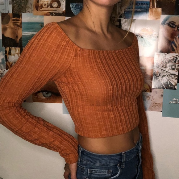 7 day wknd Tops - Orange off the shoulder long sleeve